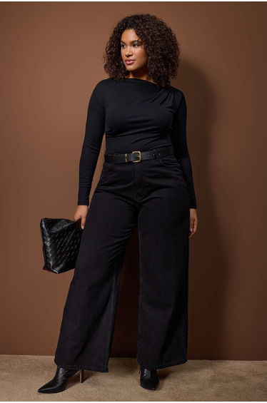 Black fitted/body-fitting asymmetrical neck detailed soft fabric flexible knitted blouse