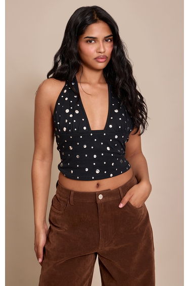 Petite Black Halterneck Stud Detail Crop Top