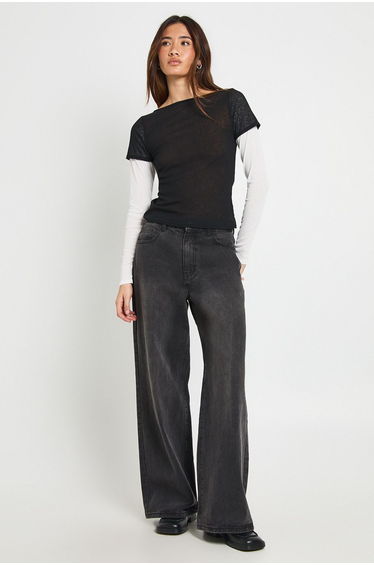 Sheer Textured Long Sleeve Contrast Layered Top - black_white
