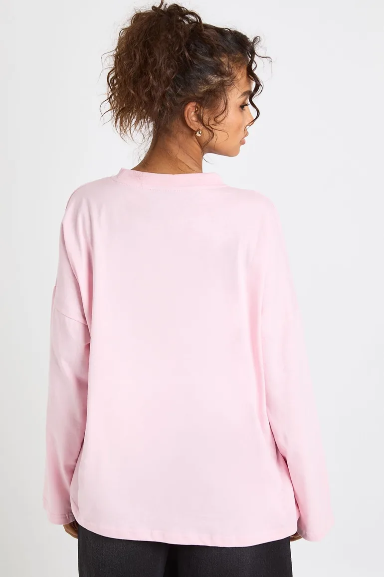 Cotton Pocket Front Long Sleeve Top - baby pink - 2