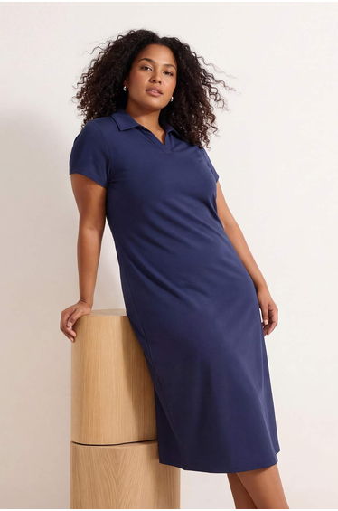 Navy Blue Polo Collar Cotton Flexible Knitted Midi Plus Size Dress