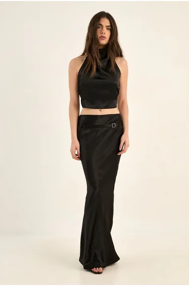 Satin High Neck Cowl Strappy Buckle Back Crop Top