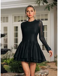 Edyta Long Sleeve Ruffle Mini Dress In Black - 1