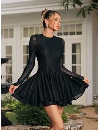 Edyta Long Sleeve Ruffle Mini Dress In Black - 2