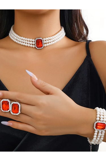 3-Piece Square Rhinestone Drop Faux Pearl Layered Necklace, Bracelet and Earrings Jewelry Set