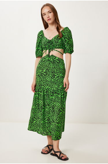 Women's Green Black Patterned Crop Blouse Skirt Set