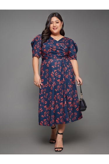 Plus Size Floral Print Wrap Midi Dress