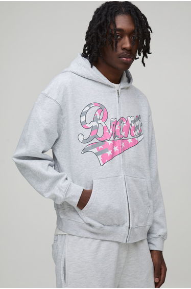 Oversized Boxy Zip Through Bronx Printed Hoodie