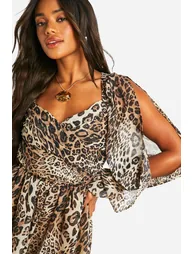 Animal Print Split Sleeve Playsuit - brown - 3