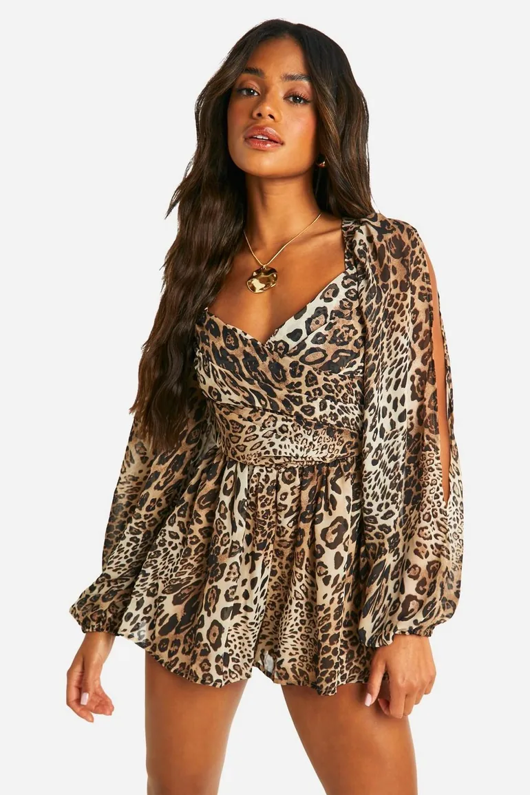 Animal Print Split Sleeve Playsuit - brown - 1