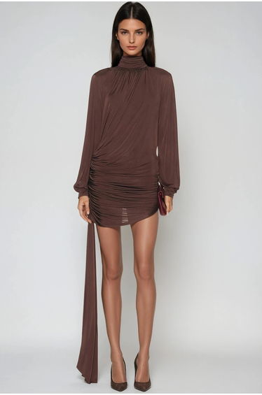 Domenica High Neck Ruch Fringe Mini Dress