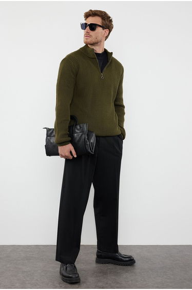 Khaki FL Regular Half Turtleneck Plain Knitwear Sweater