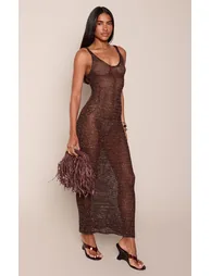 Chocolate Crochet Knit Metallic Detail Cami Strap Maxi Dress - 2