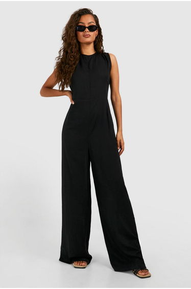 Linen Look Sleeveless Jumpsuit - black