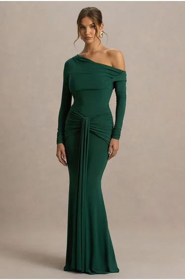 Clover | Dark Green Asymmetric-Neck Wrapped Maxi Dress With Sash