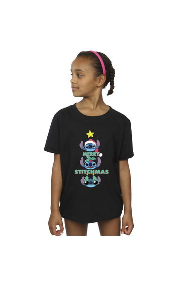 Lilo & Stitch Girls Merry Stitchmas Cotton T-Shirt - Black
