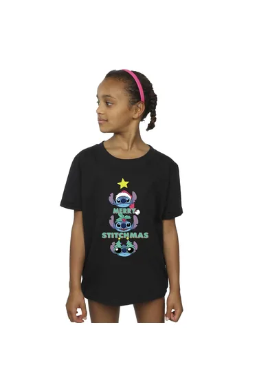 Lilo & Stitch Girls Merry Stitchmas Cotton T-Shirt - Black