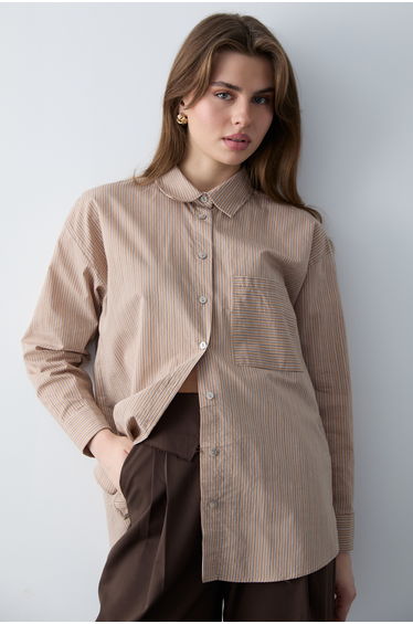 Brown Striped Oversize Woven Shirt