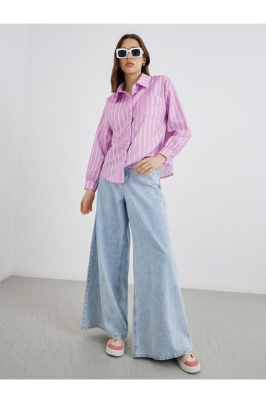 Women Striped Long Sleeve Oversized Shirt with Pocket Detail