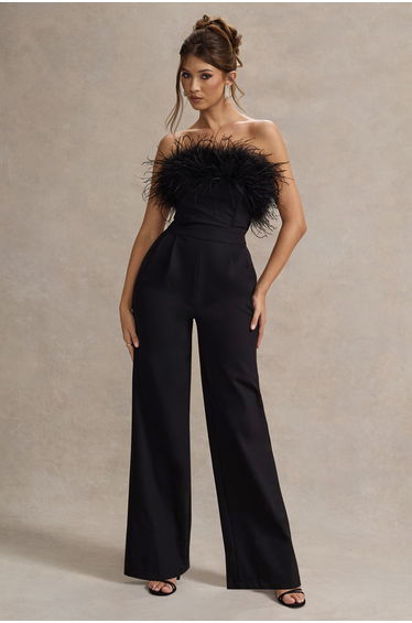 Delta | Black Feather Bandeau Wide-Leg Jumpsuit