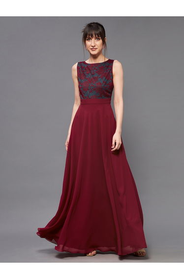 Lace Yoke Sleeveless A-Line Maxi Dress