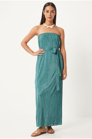 Women's Green Strapless Belted Pleated Dress