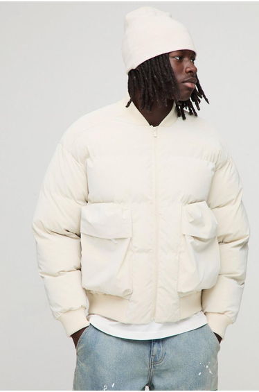 Regular Fit Padded Pocket Bomber Jacket - ecru