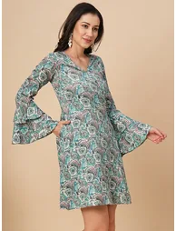 Women All-Over Print V Neck A-Line Mini Dress - 1