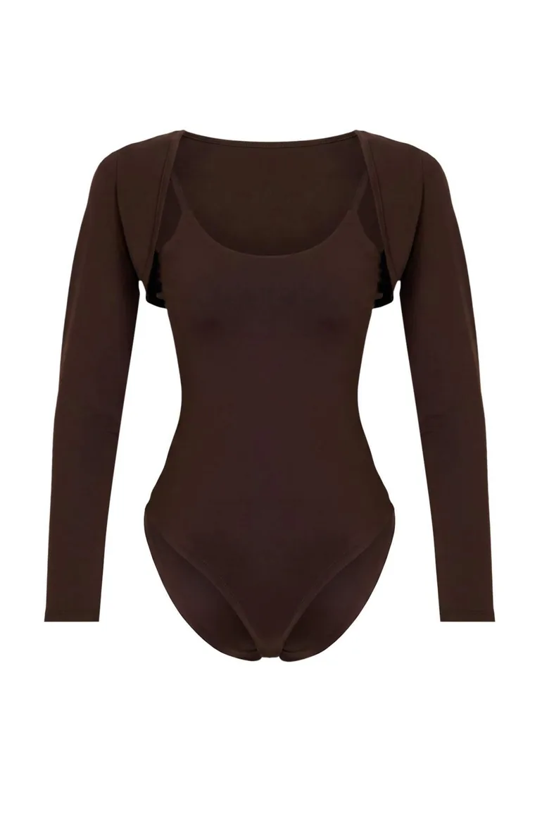 Dark Brown 2-Piece Bolero Fitted Pool Collar Long Regular Micro Knitted Bodysuit - 6
