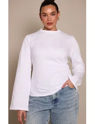 Plus White Cotton Side Detail Long Sleeve T-shirt - 5