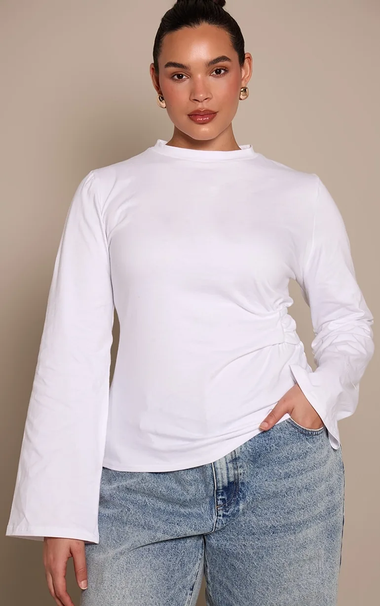 Plus White Cotton Side Detail Long Sleeve T-shirt - 1