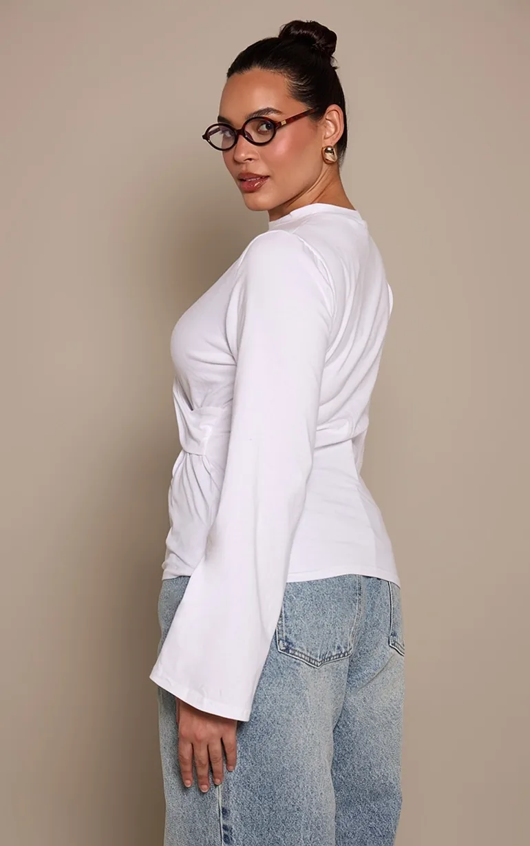 Plus White Cotton Side Detail Long Sleeve T-shirt - 2