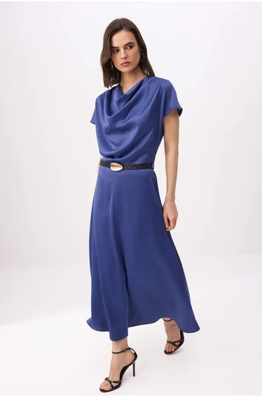 Petrol Satin Collar Collar Belt Piece Midi Woven Dress