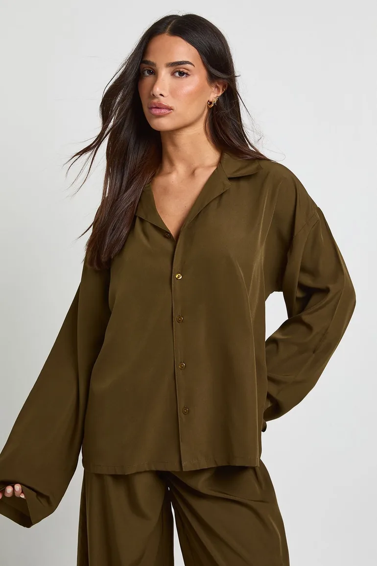 Petite Oversized Shirt & Wide Leg Trouser Co-ord - olive - 3