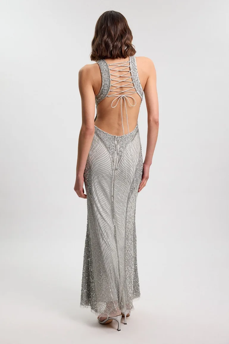 Petite Crystal Embellished Halter Woven Maxi Dress - 2