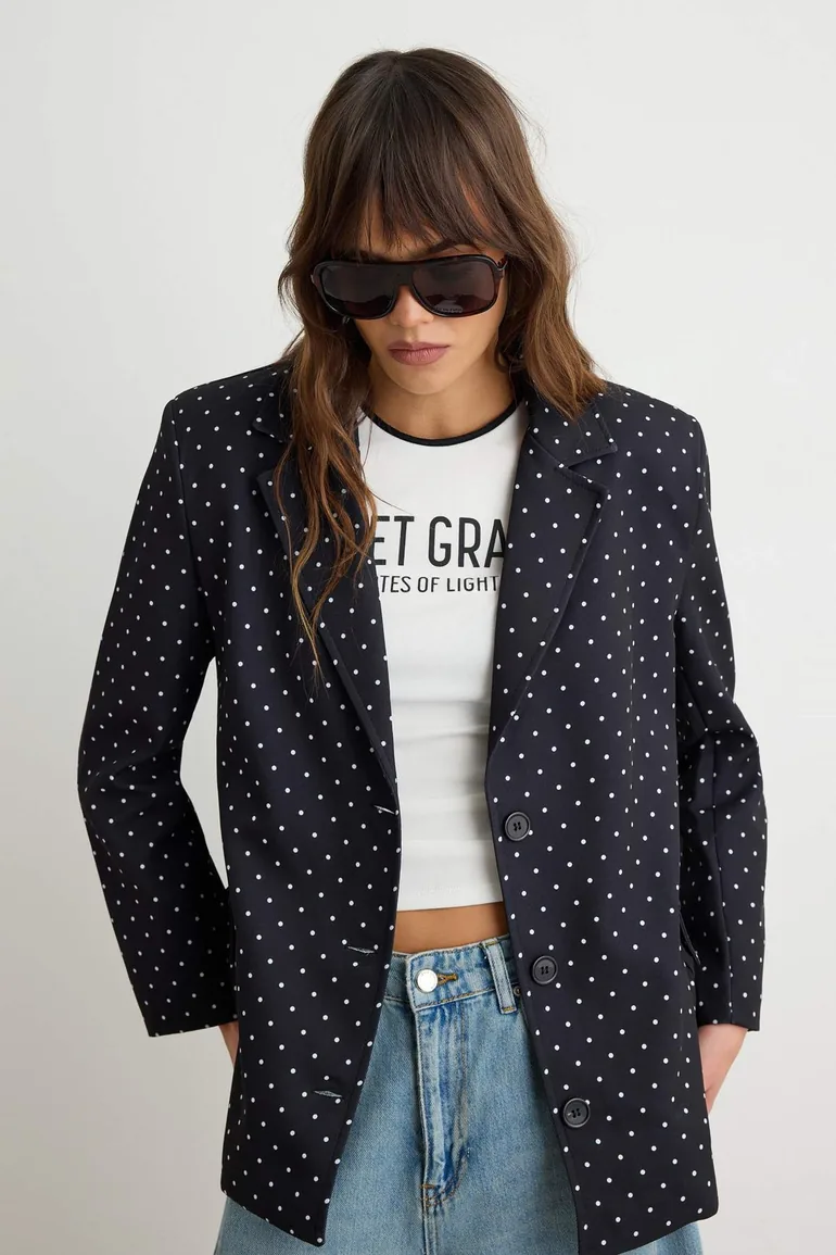 Black and White Polka Dot Oversize Blazer Jacket - 1