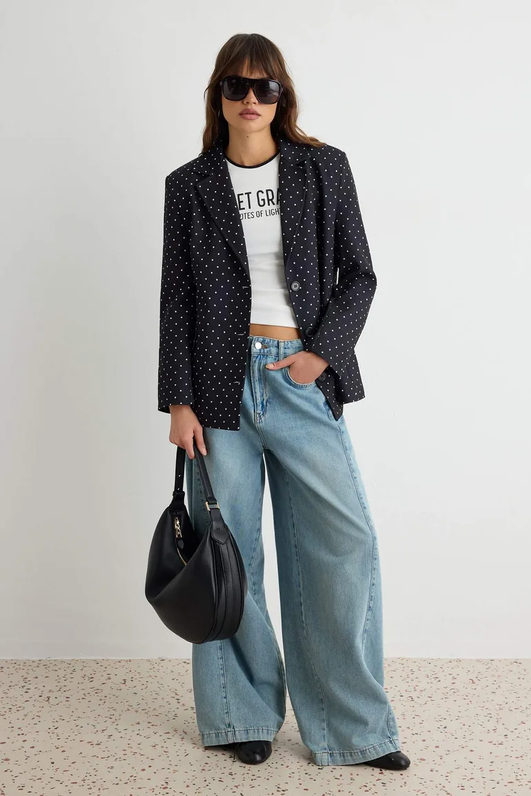 Black and White Polka Dot Oversize Blazer Jacket