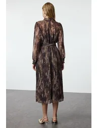 Brown Animal Patterned Pleated Detailed Lined Maxi Woven Dress - 4