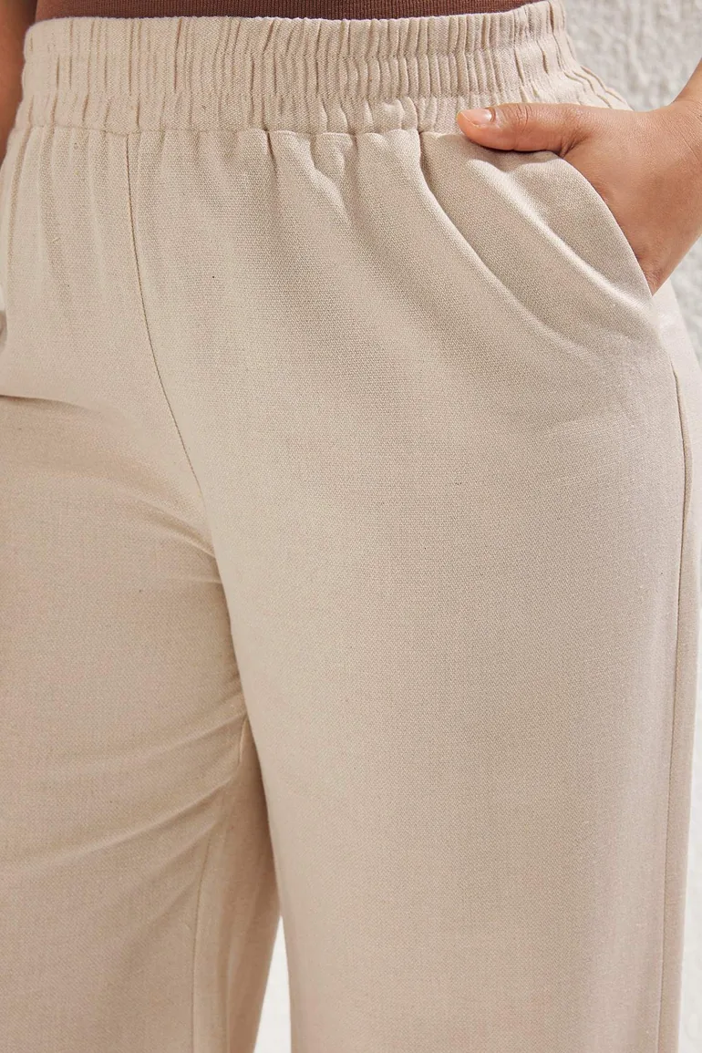 Beige Linen Elastic Waist Woven Plus Size Trousers - 3