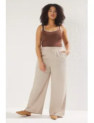 Beige Linen Elastic Waist Woven Plus Size Trousers