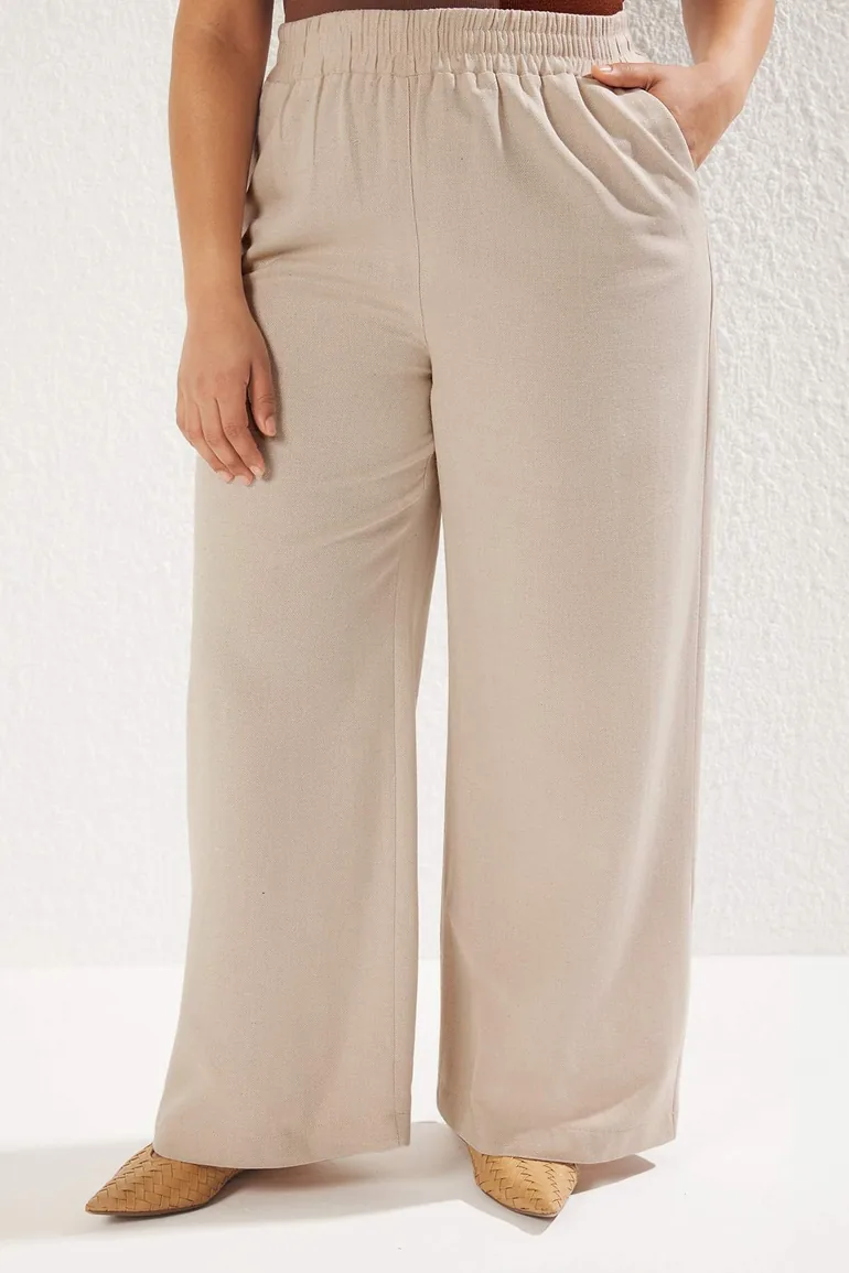 Beige Linen Elastic Waist Woven Plus Size Trousers - 2