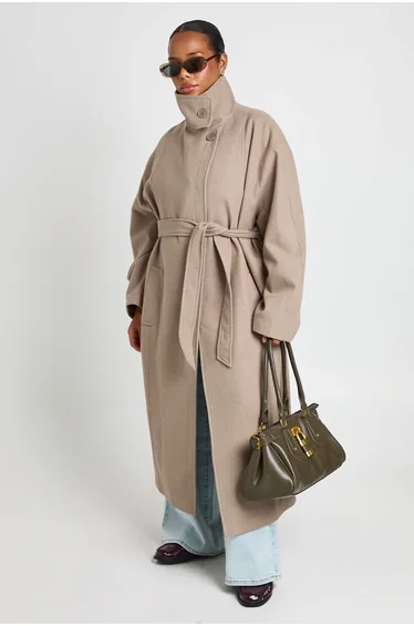 Plus Funnel Neck Belted Wool Look Coat - taupe