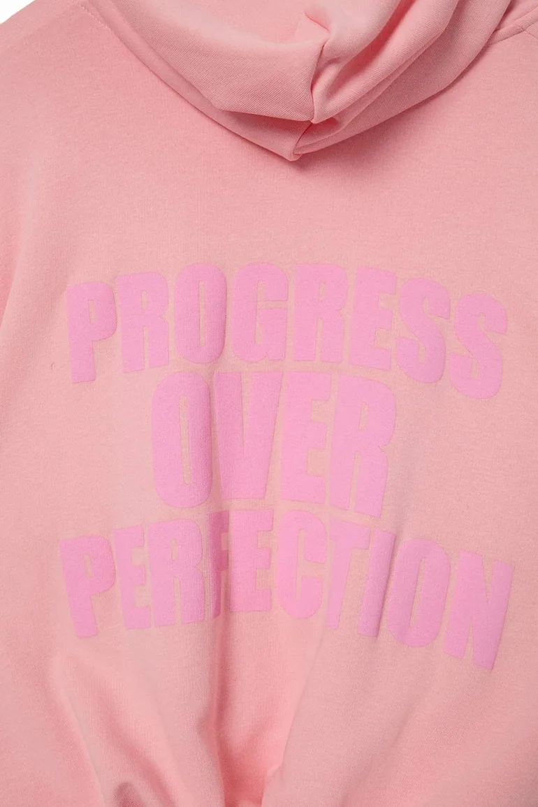 Light Pink Slogan Printed Oversize/Wide Cut Hooded Cropped Knitted Sweatshirt - 7