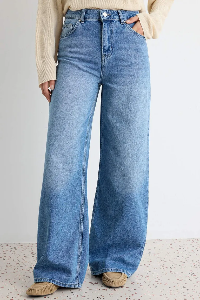 Premium Dark Blue 100% Cotton High Waist Extra Wide Leg Jeans - 4