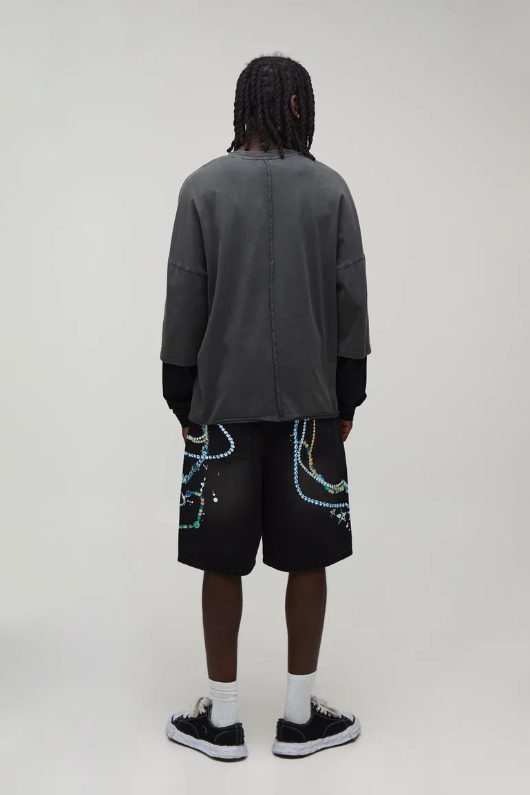 Baggy Paint Splatter Chain Print Washed Denim Shorts - black - 2