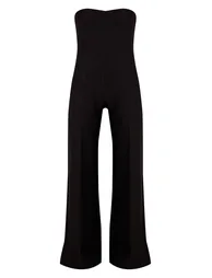 Black Woven Sweet Heart Neck Wide Leg Jumpsuit - 4