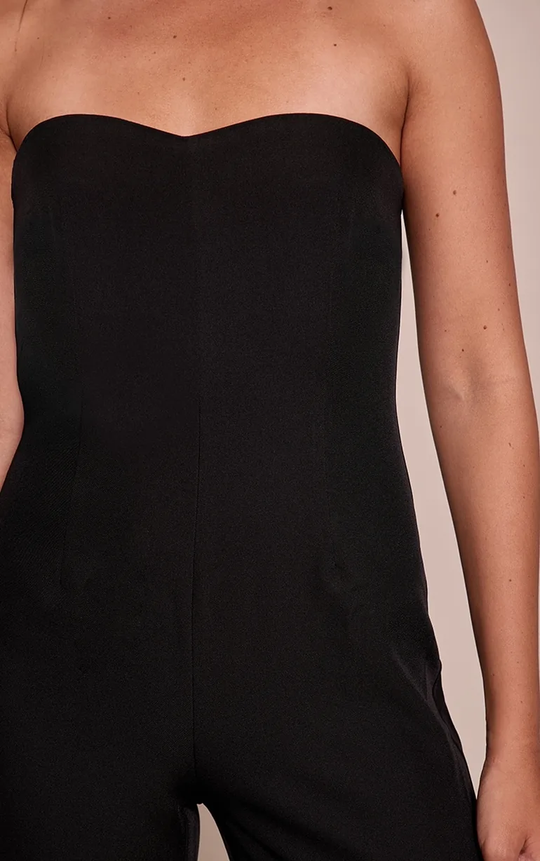 Black Woven Sweet Heart Neck Wide Leg Jumpsuit - 3