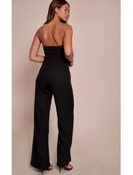 Black Woven Sweet Heart Neck Wide Leg Jumpsuit - 1