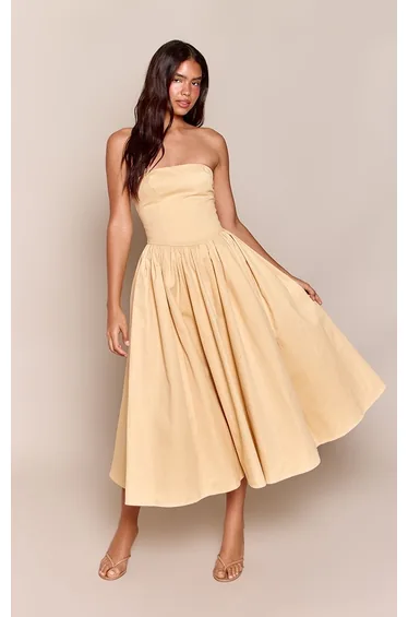 Lemon Woven Bandeau Ruched Skater Midaxi Dress