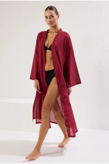 Claret Red Woven 100% Cotton Belted Maxi Beach Kimono&Caftan
